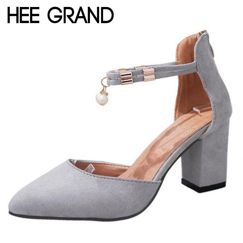 HEE GRAND 2018 New Women Thick Heel Pumps with Zipper Flock Vamp Elegant Lady's String Bead Women Mujer Fashion Sandals XWZ4902 - Gabriel