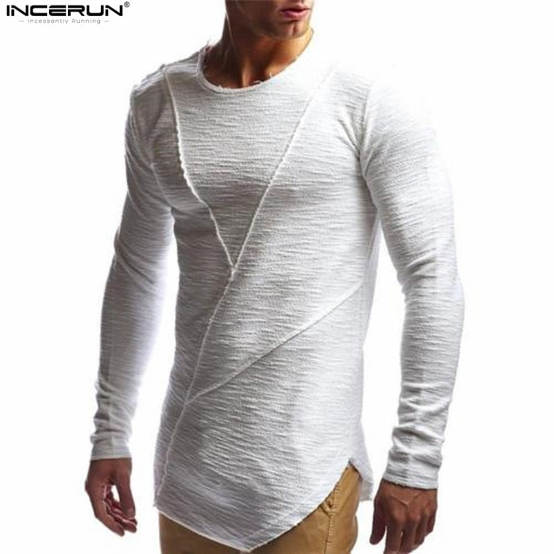 New Mens Hip Hop T Shirt Full Long Sleeve T-Shirt Men Solid Color O-neck Muscle Tees Shirt Fashion Curve Hem Men Streetwear Tops - Gabriel