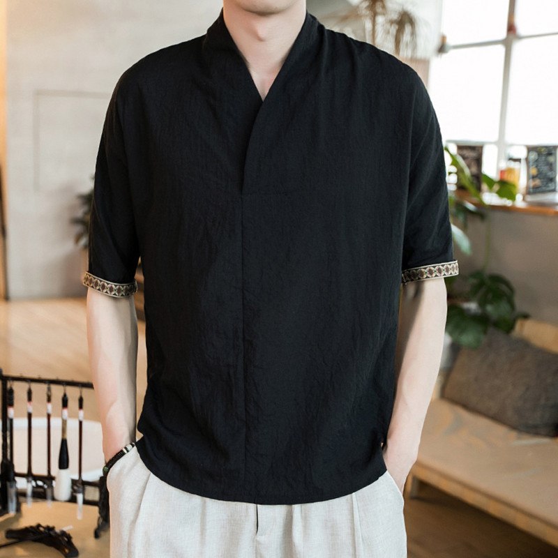 PODOM Summer Spring Men Linen t-shirts Casual 5XL Plus Size Loose Cotton tshirt Men Vintage V-neck t-shirt Chinese Style Clothes - Gabriel