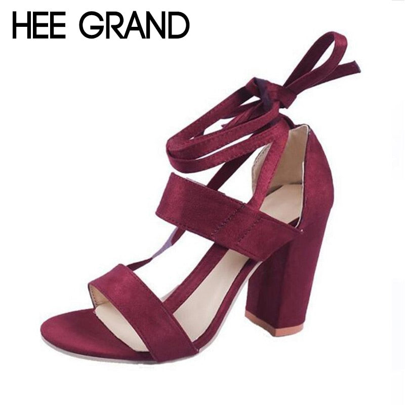 HEE GRAND 2018 New Women Thick Heel Summer Sandals Cross-tied Ankle Lace up Flock Lady's Pumps Mujer Fashion Shoes XWZ4929 - Gabriel