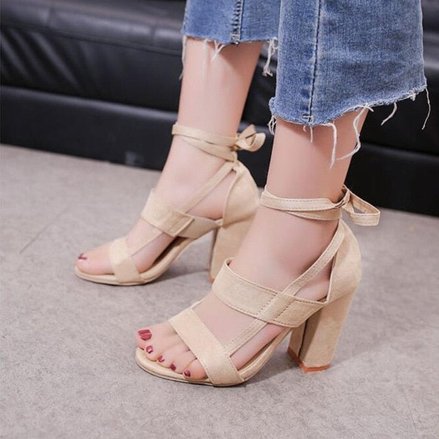 HEE GRAND 2018 New Women Thick Heel Summer Sandals Cross-tied Ankle Lace up Flock Lady's Pumps Mujer Fashion Shoes XWZ4929 - Gabriel