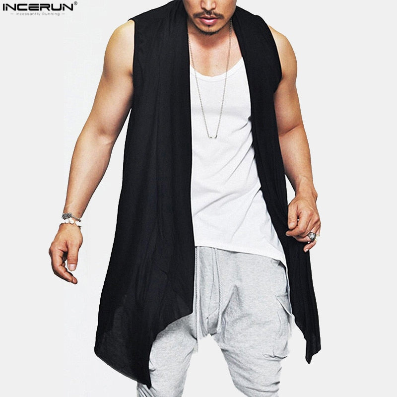 New Summer Men's Vest Long Style Vest Jacket Punk Gothic Sleeveless Shawl Waistcoat Cardigan Coat  Irregular Hem Hip Hop Clothes - Gabriel
