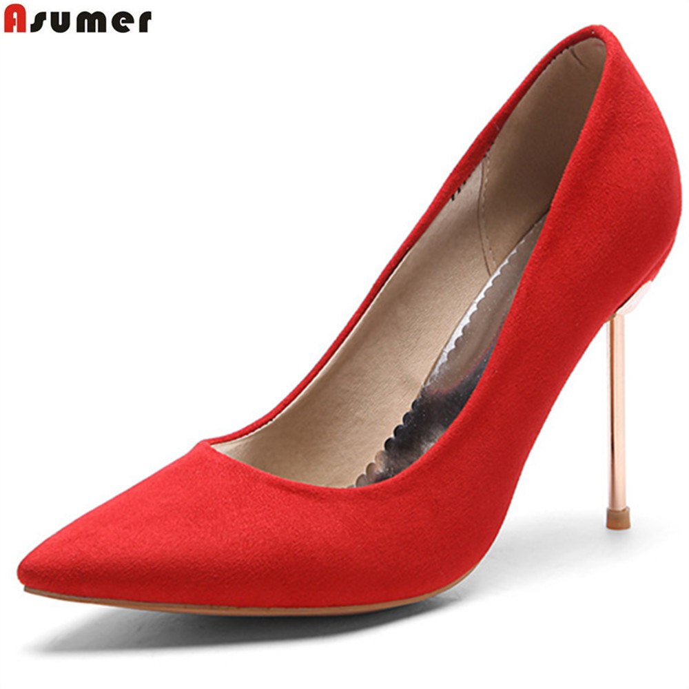 ASUMER black red fashion pointed toe shallow thin heel elegant ladies wedding shoes super high flock women high heels shoes - Gabriel