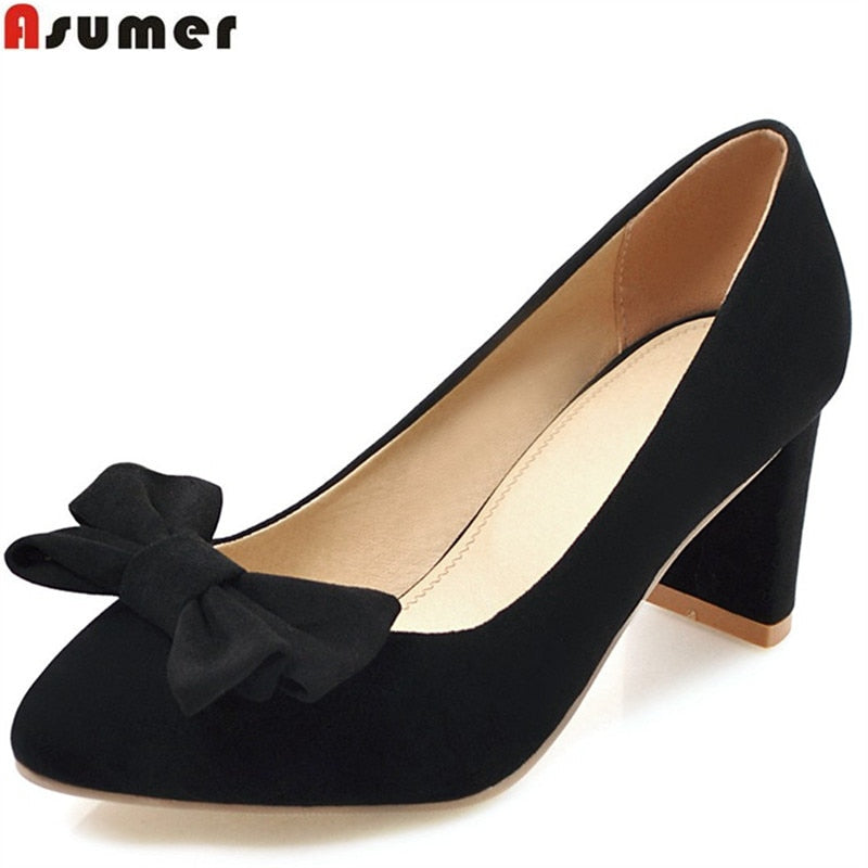 ASUMER black pink fashion pointed toe shallow wedding shoes woman thick heel flock women high heels shoes big size 33-43 - Gabriel