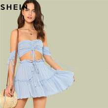 Load image into Gallery viewer, SHEIN Summer Outfits for Women Two Pieces Set Boho Beach Vacation Drawstring Crop Bardot Tops and Drawstring Tiered Skirt Sets - Gabriel