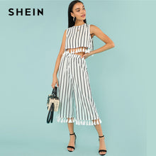 Load image into Gallery viewer, SHEIN Tassel Trim Striped Shell Top And Culotte Pants Set Round Neck Crop Top With Wide Leg Trousers Woman Vacation Twopiece - Gabriel
