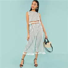 Load image into Gallery viewer, SHEIN Tassel Trim Striped Shell Top And Culotte Pants Set Round Neck Crop Top With Wide Leg Trousers Woman Vacation Twopiece - Gabriel