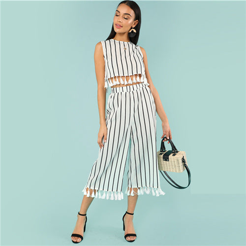 SHEIN Tassel Trim Striped Shell Top And Culotte Pants Set Round Neck Crop Top With Wide Leg Trousers Woman Vacation Twopiece - Gabriel
