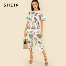 Load image into Gallery viewer, SHEIN Multicolor Vacation Bohemian Beach Contrast Tape Jungle Leaf Top And Wide Leg Pants Tropical Print Summer Women Twopiece - Gabriel