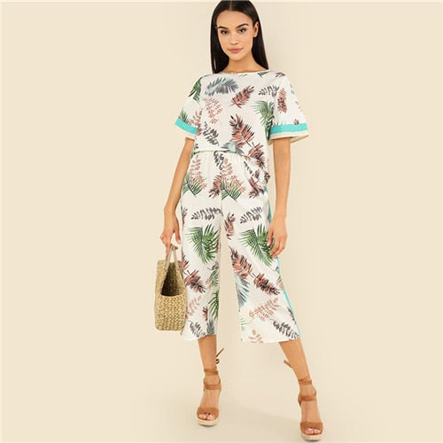 SHEIN Multicolor Vacation Bohemian Beach Contrast Tape Jungle Leaf Top And Wide Leg Pants Tropical Print Summer Women Twopiece - Gabriel