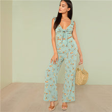 Load image into Gallery viewer, SHEIN Multicolor Vacation Boho Bohemian Floral Print Knot Crop Top With Wide Leg Pants Set Summer Women Ruffle Casual Twopiece - Gabriel
