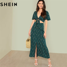 Load image into Gallery viewer, SHEIN Green Boho Floral Print V Neck Women Two Piece Set Outfits 2018 Summer Vacation Bell Sleeve Knot Tops And Button Up Skirt - Gabriel