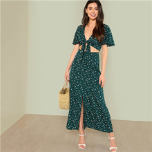 Load image into Gallery viewer, SHEIN Green Boho Floral Print V Neck Women Two Piece Set Outfits 2018 Summer Vacation Bell Sleeve Knot Tops And Button Up Skirt - Gabriel