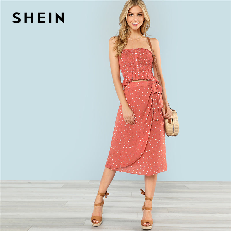 SHEIN Red Vacation Boho Bohemian Beach Polka Dot Off the Shoulder Button Front Top And Skirt Summer Sexy Twopiece For Women - Gabriel