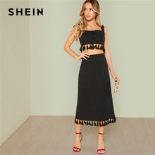 Load image into Gallery viewer, SHEIN Black Sexy Thick Strap Square Neck Sleeveless Tasseled Crop Top And Skirt Summer Party Elegant Twopiece For Women - Gabriel