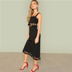 SHEIN Black Sexy Thick Strap Square Neck Sleeveless Tasseled Crop Top And Skirt Summer Party Elegant Twopiece For Women - Gabriel