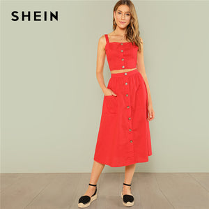 SHEIN Red Elegant Button Up Crop Straps Cami Top And Flare Skirt Set Summer Women Women Casual Twopiece - Gabriel