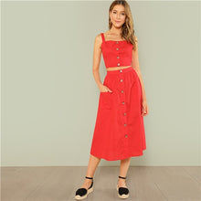 Load image into Gallery viewer, SHEIN Red Elegant Button Up Crop Straps Cami Top And Flare Skirt Set Summer Women Women Casual Twopiece - Gabriel