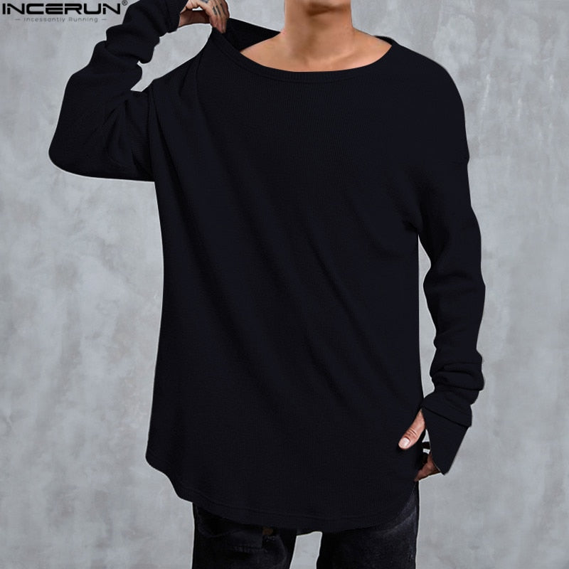 Hip Hop Curved Hem Long Sleeve T-Shirts Mens Solid Extended Swag Top Tees Male Knitted Longline Tshirts Fashion Streer Wear Tops - Gabriel