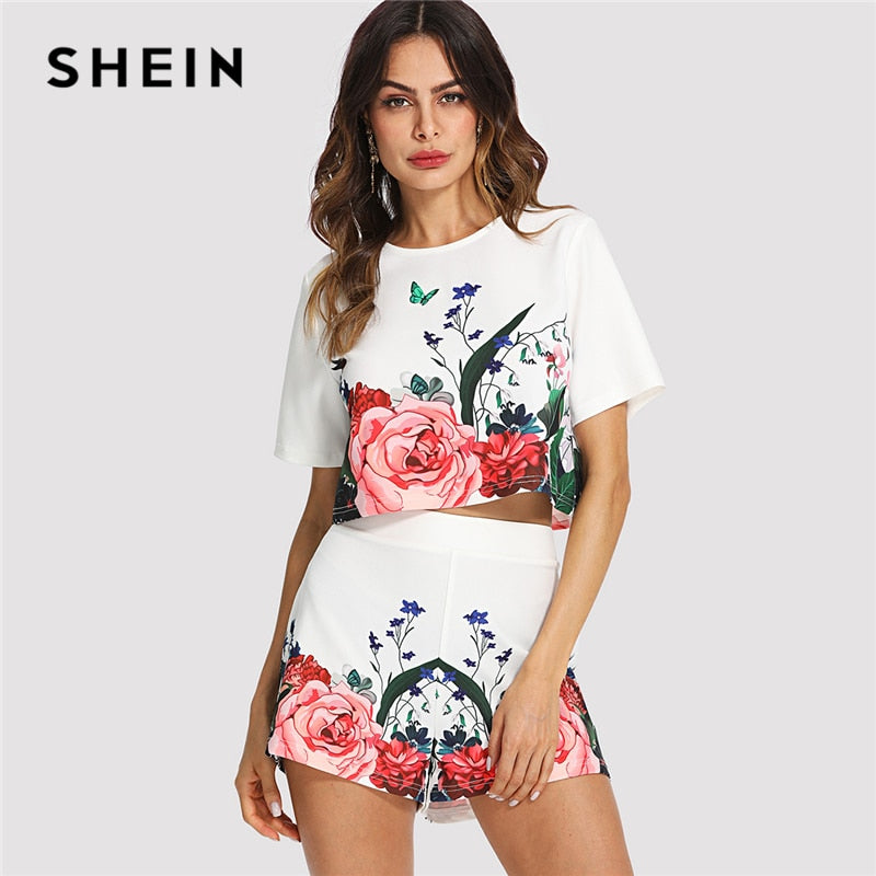 SHEIN Multicolor Elegant Floral Round Neck Short Sleeve Button Crop Top And Shorts Set Summer Women Weekend Casual Twopiece - Gabriel
