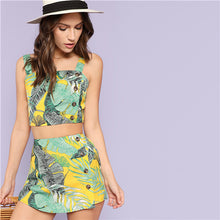 Load image into Gallery viewer, SHEIN Multicolor Vacation Bohemian Beach Tropical Print Crop Top And Button Short Set Summer Women Sexy Weekend Casual Twopieces - Gabriel