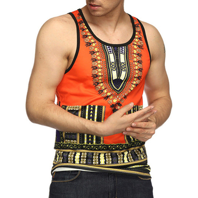 Retro Ethnic Mens Summer Casual Tank Tops Crew Neck Floral Print Vest Tee Loose HipHop Joggers Streetwear African Style Tee - Gabriel
