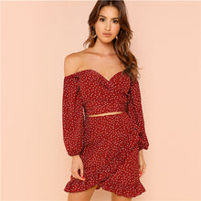 Load image into Gallery viewer, SHEIN Burgundy Vacation Bohemian Beach Backless Off Shoulder Bishop Sleeve Top And Ruffle Skirt Set Summer Women Casual Twopiece - Gabriel