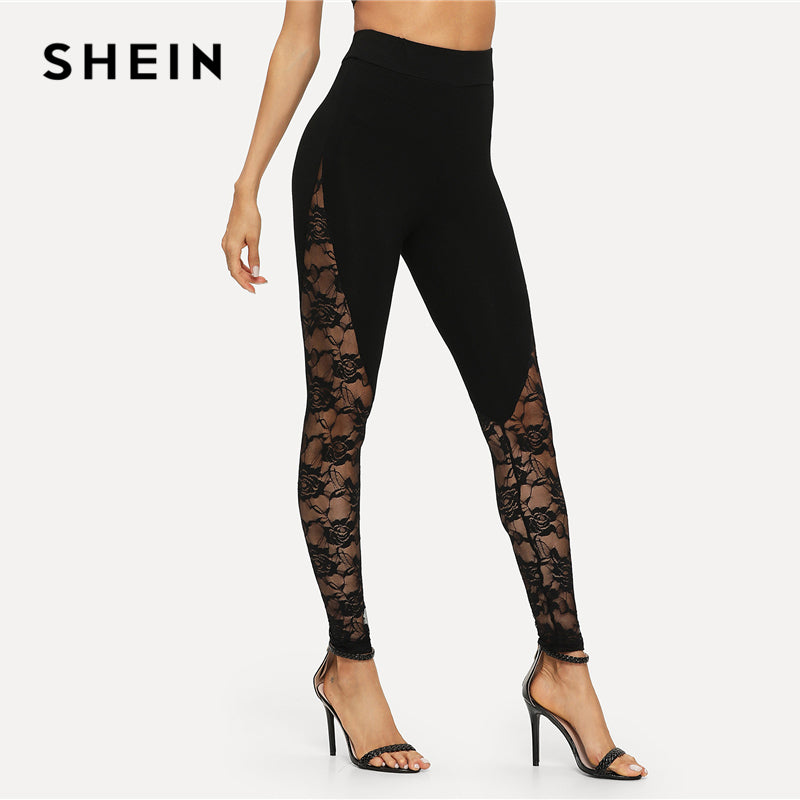 SHEIN Black Sexy Elegant Sheer Floral Lace Insert Skinny Leggings Summer Women Going Out Trousers - Gabriel