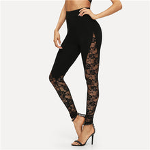 Load image into Gallery viewer, SHEIN Black Sexy Elegant Sheer Floral Lace Insert Skinny Leggings Summer Women Going Out Trousers - Gabriel