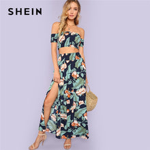 Load image into Gallery viewer, SHEIN Multicolor Vacation Bohemian Beach Jungle Leaf Print Shirred Crop Top and Slit Skirt Summer Women Casual Two Piece Set - Gabriel