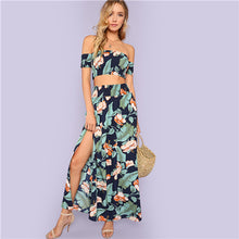 Load image into Gallery viewer, SHEIN Multicolor Vacation Bohemian Beach Jungle Leaf Print Shirred Crop Top and Slit Skirt Summer Women Casual Two Piece Set - Gabriel