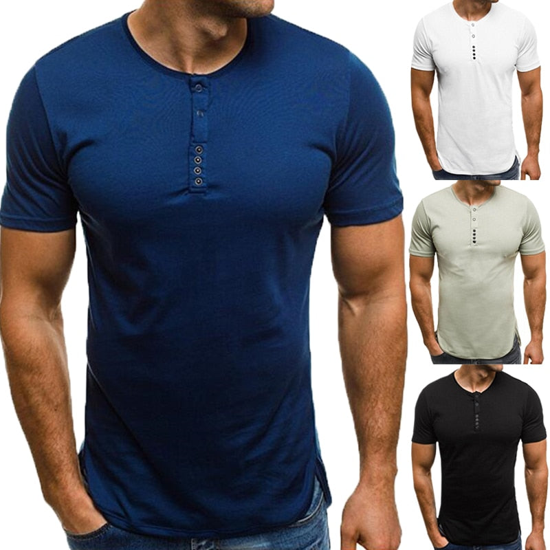 Fashion Casual T-Shirts Men Basic Color Short Sleeve Henley Collar HipHop Button Decor Muscle Slim Fitness Tee Tops Joggers - Gabriel