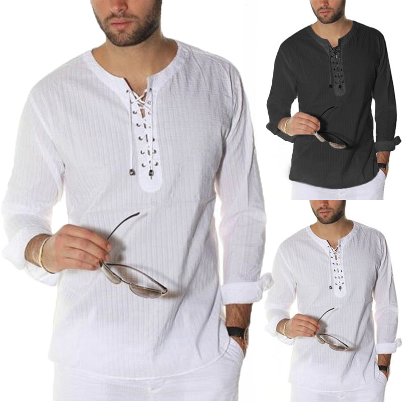 INCERUN Vintage S-3XL White Shirts Men Long Sleeve Lace Up Tunic Loose Fit Beach Tops Men Tshirts Plus Size Casual Tee Shirts - Gabriel