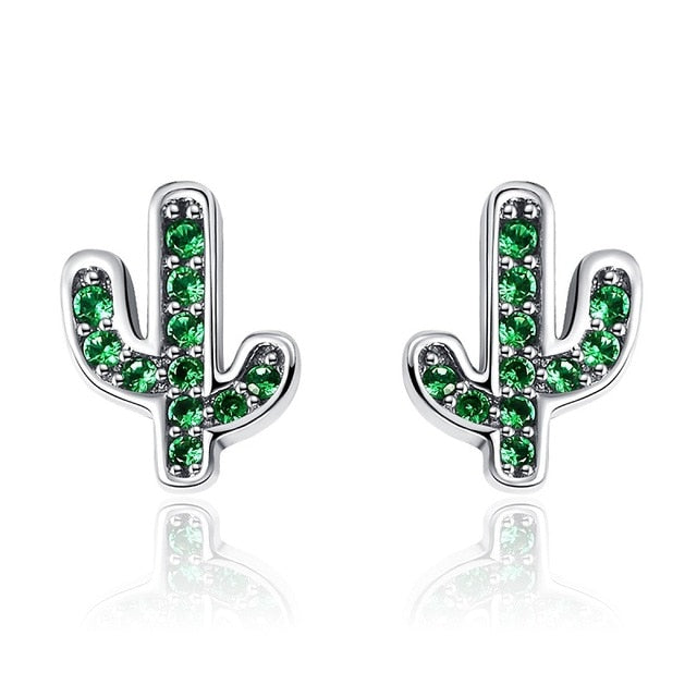 BAMOER Hot Sale 925 Sterling Silver Dazzling Green Cactus Crystal Stud Earrings for Women Authentic Silver Jewelry Bijoux SCE097 - Gabriel