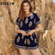 Load image into Gallery viewer, SHEIN Navy Tribal Print Round Neck Short Sleeve Plus Size Women Top And Shorts Set 2018 Summer Boho Indie Folk Two-piece Sets - Gabriel