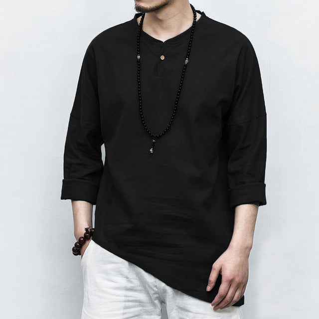 INCERUN Retro Chinese Style Casual Tee Shirts Men Long Sleeve Crew-Neck Button Decor Solid 5XL Loose Tshirts Asymmetry Tee Tops - Gabriel