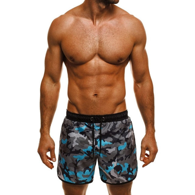 Male Board Shorts Military Camouflage Floral Print Sporting Loose Fitness Joggers Workouts Gyms Drawstring Hawaii Milk Silk - Gabriel