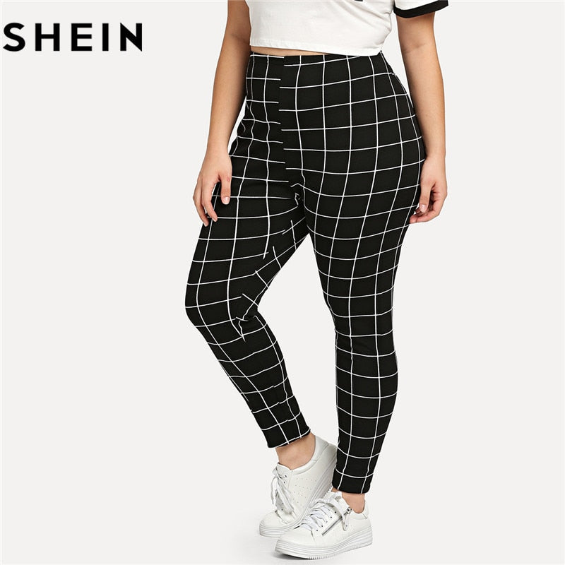 SHEIN Black And White Plaid Plus Size Fitness Women Work Out Leggings Spring Autumn Grid Print Skinny Long Casual Legging - Gabriel
