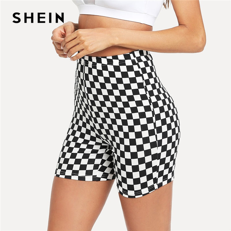 SHEIN Black and White Checked Print Short Leggings Plaid Fitness Sporying Clothing Women Athleisure Workout Leggings - Gabriel