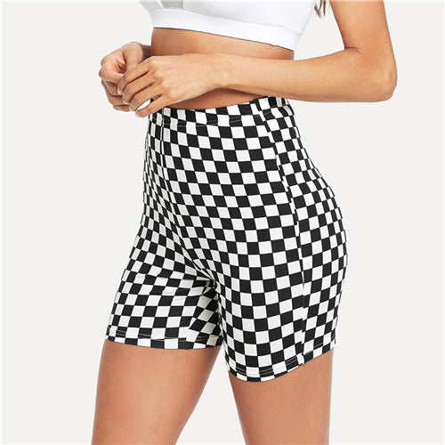 SHEIN Black and White Checked Print Short Leggings Plaid Fitness Sporying Clothing Women Athleisure Workout Leggings - Gabriel