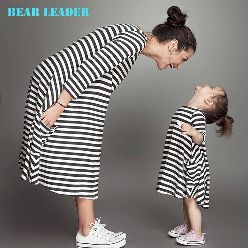 Bear Leader 2018 New Spring&Autumn Style Family Matching Outfits Mother And Daughter Fall Full Black Striped Dress Free Shipping - Gabriel