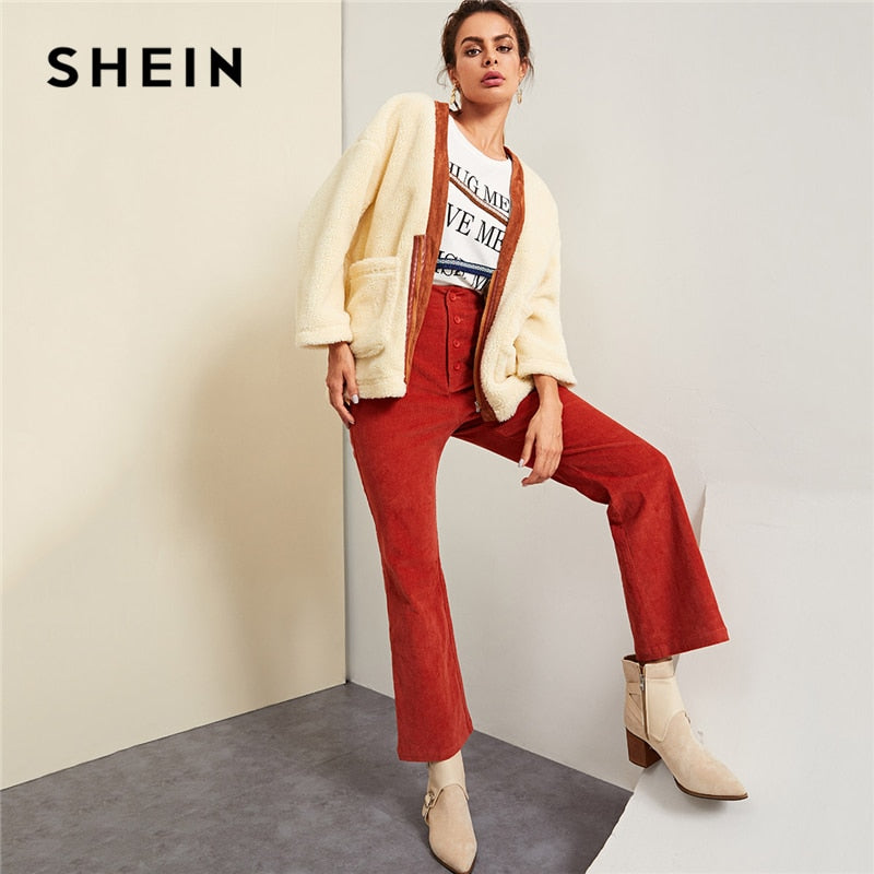 SHEIN Apricot Elegant Preppy Pocket Front Zip Half Placket Fleece Minimalist Coat Autumn Women Highstreet Campus Clothes - Gabriel