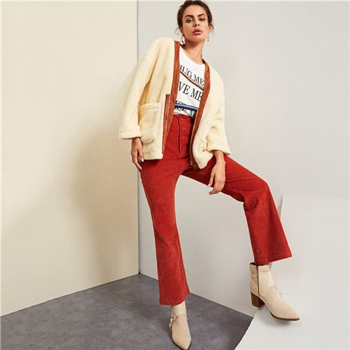 SHEIN Apricot Elegant Preppy Pocket Front Zip Half Placket Fleece Minimalist Coat Autumn Women Highstreet Campus Clothes - Gabriel