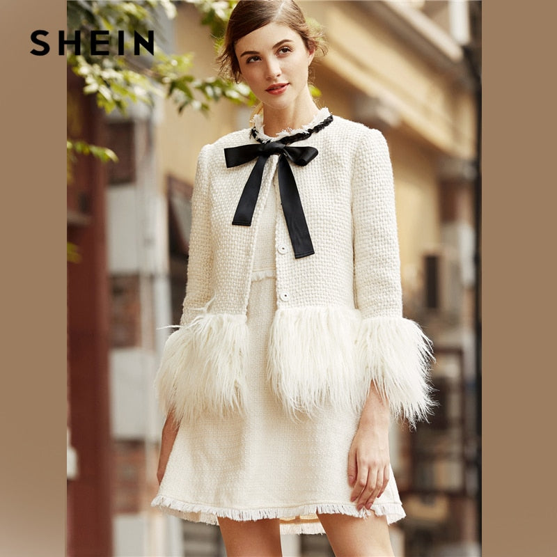 SHEIN White Elegant Office Lady Faux Fur Trim Tweed Bow Neck Single Breasted Highstreet Blazer Autumn Women Workwear Blazers - Gabriel