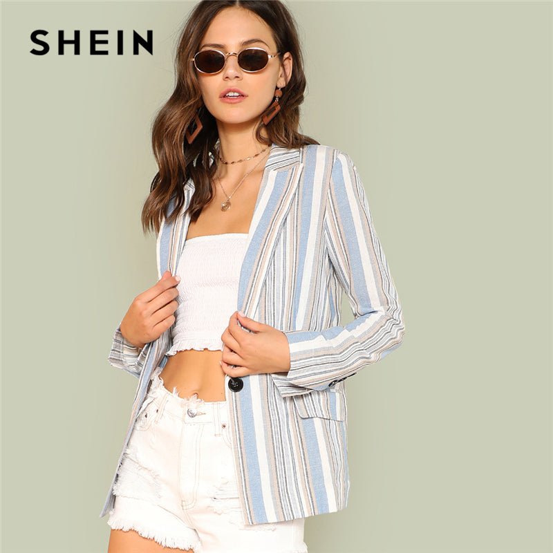 SHEIN Multicolor Stripe Blazer with Dual Pockets Workwear Single Button Long Sleeve Notched Collar Blazers Women Autumn Coat - Gabriel