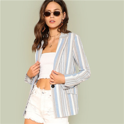 SHEIN Multicolor Stripe Blazer with Dual Pockets Workwear Single Button Long Sleeve Notched Collar Blazers Women Autumn Coat - Gabriel