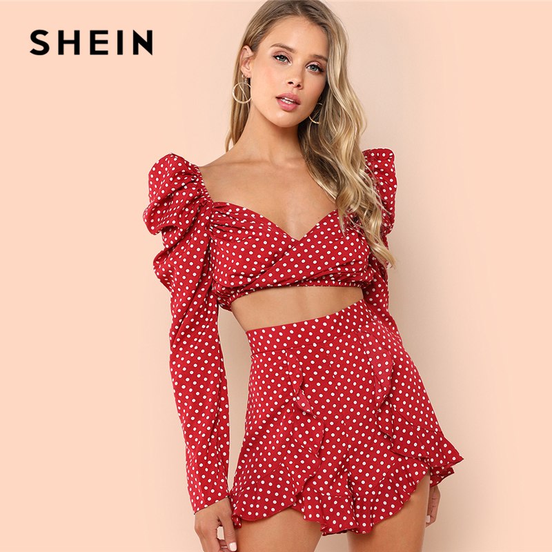 SHEIN Red Vacation Boho Bohemian Beach Polka Dot Wrap Top And Ruffle Hem Shorts Set Summer Women Casual Going Out Twopieces - Gabriel