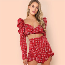 Load image into Gallery viewer, SHEIN Red Vacation Boho Bohemian Beach Polka Dot Wrap Top And Ruffle Hem Shorts Set Summer Women Casual Going Out Twopieces - Gabriel
