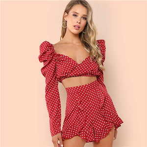 SHEIN Red Vacation Boho Bohemian Beach Polka Dot Wrap Top And Ruffle Hem Shorts Set Summer Women Casual Going Out Twopieces - Gabriel
