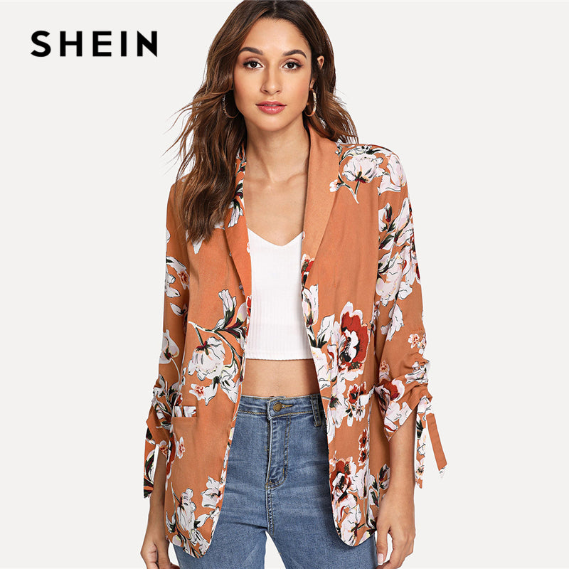 SHEIN Khaki Drawstring Sleeve Floral Print Coat Office Ladies Long Sleeve Waterfall Outerwear Women Autumn Workwear Clothes - Gabriel